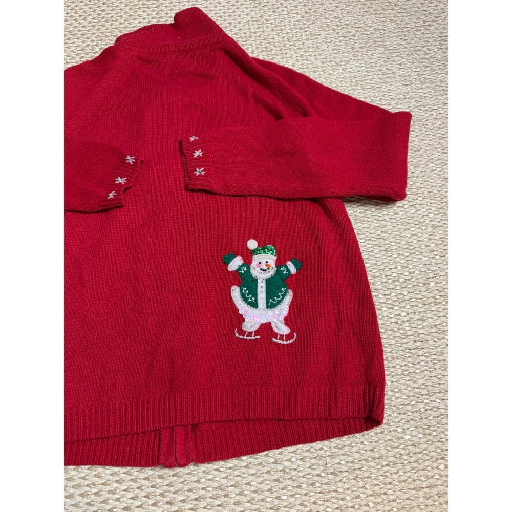 Tiara International Red Christmas Cardigan Snowman Sequin Zip Sweater holiday S - Picture 8 of 9